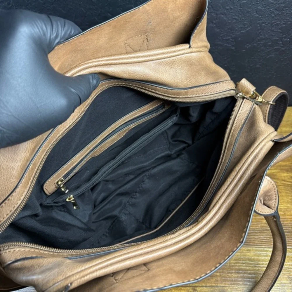 Mellow World Tan Vegan Leather Multi-Compartment Satchel‎ Crossbody Handbag